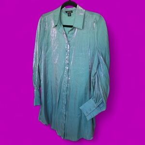 Women’s blue-green iridescent button up long sleeve top by boohoo